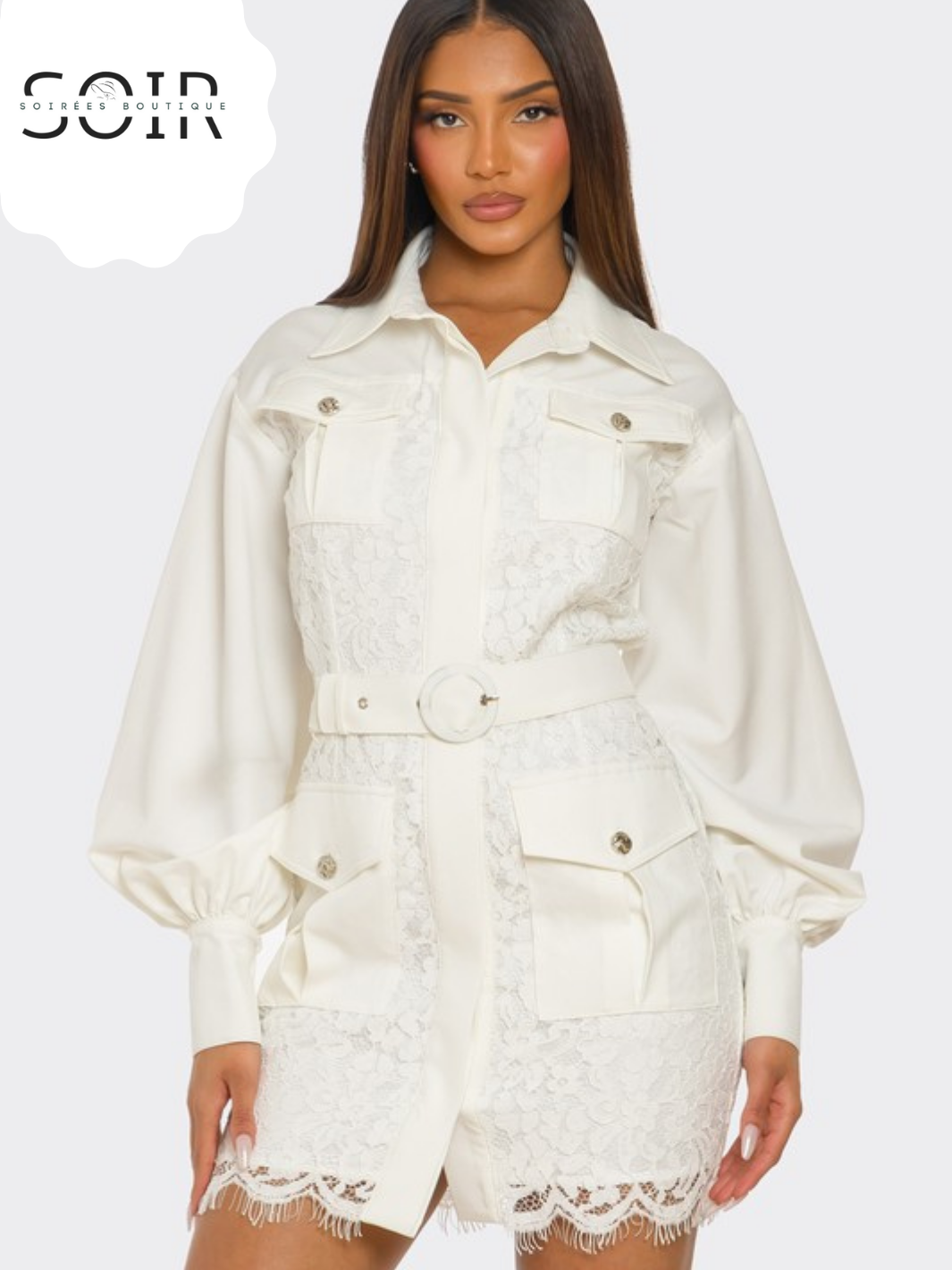 Ivory Arsenal PLUS SIZE White Lace-Detail Utility Mini Dress – Soirées  Boutique