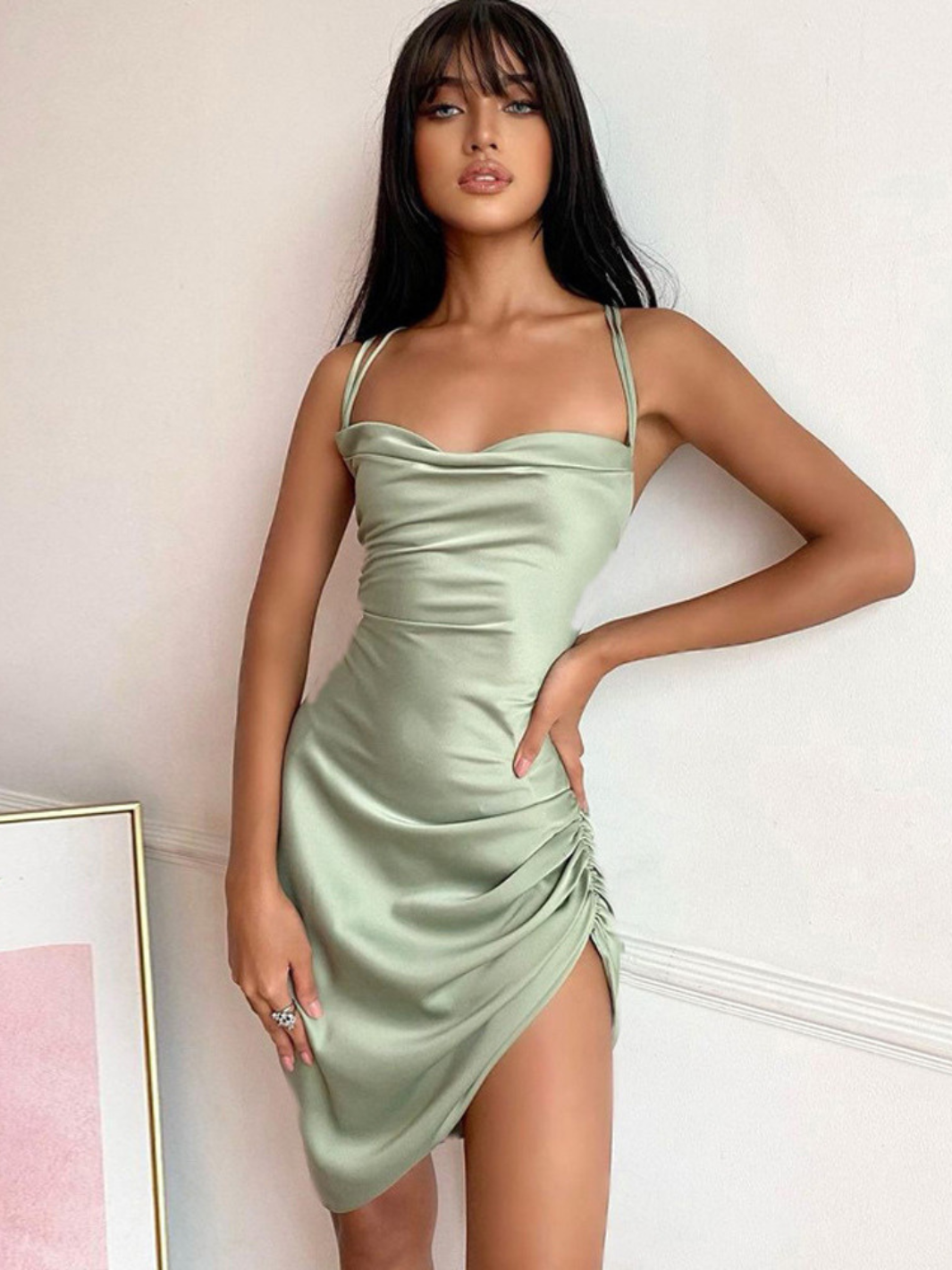 LEONIE Satin Ruched Bodycon Cocktail Dress $45.99