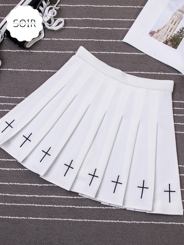 Celestial Cross Embroidered Pleated Skirt - Soirées Boutique