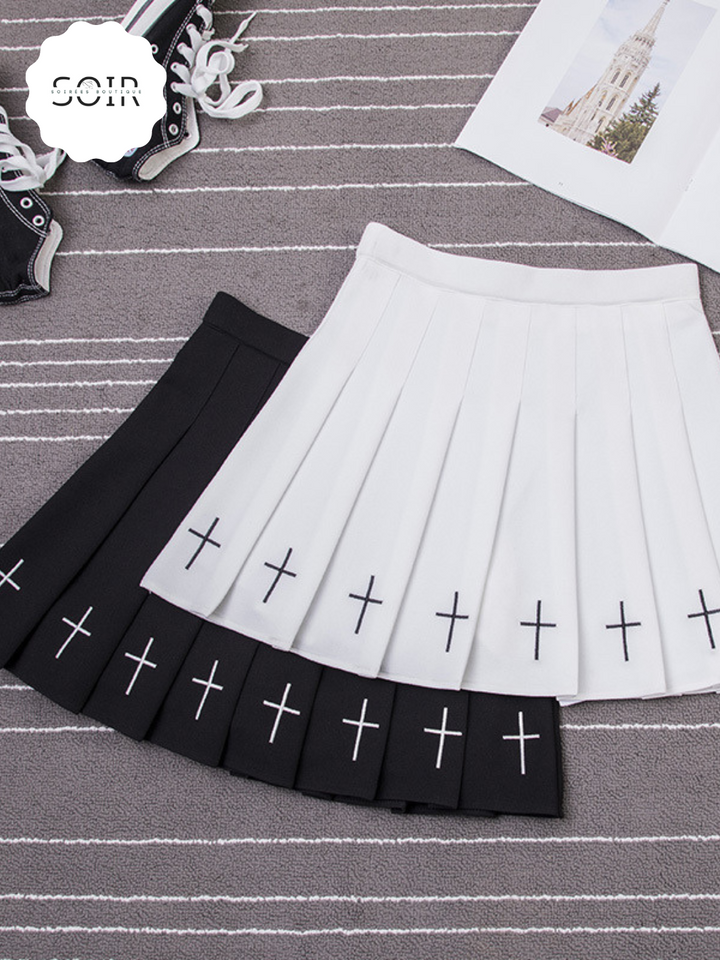 Celestial Cross Embroidered Pleated Skirt - Soirées Boutique