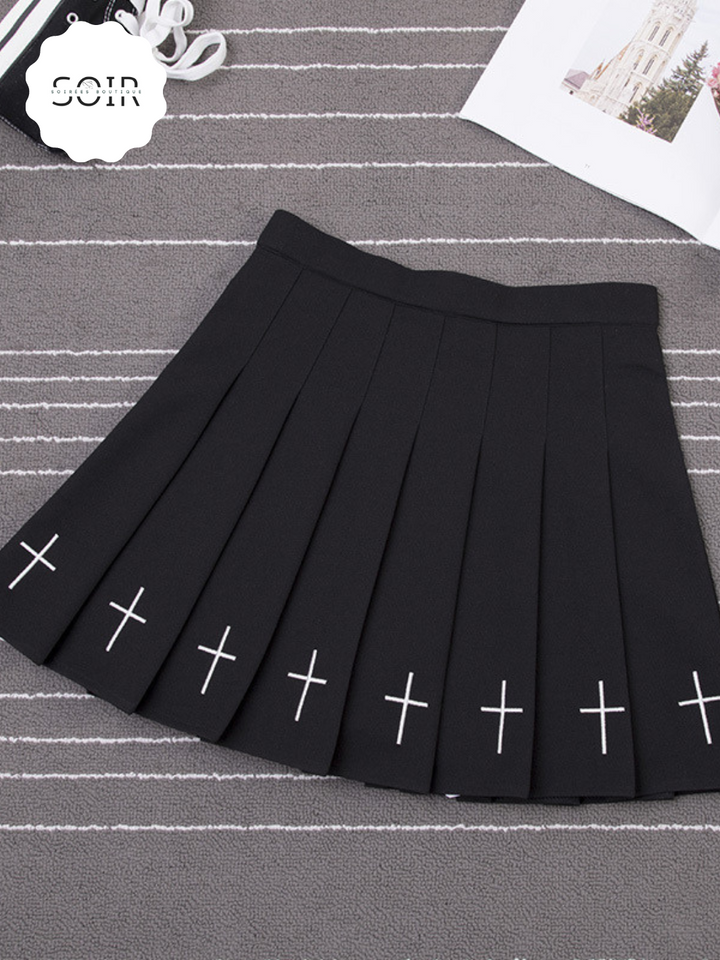Celestial Cross Embroidered Pleated Skirt - Soirées Boutique