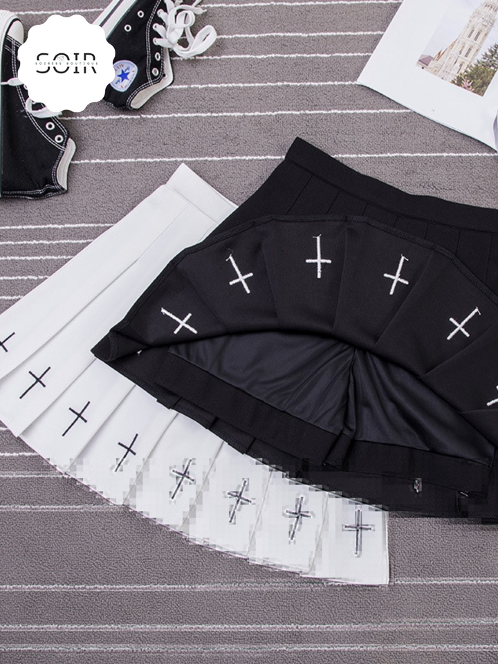 Celestial Cross Embroidered Pleated Skirt - Soirées Boutique
