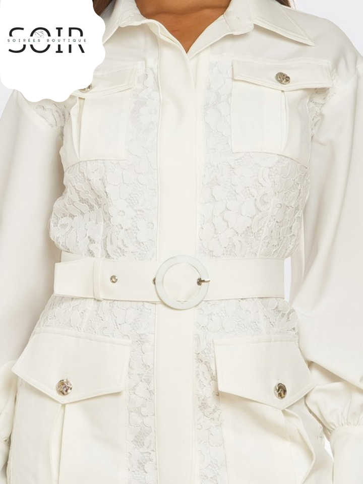 Ivory Arsenal PLUS SIZE White Lace-Detail Utility Mini Dress
