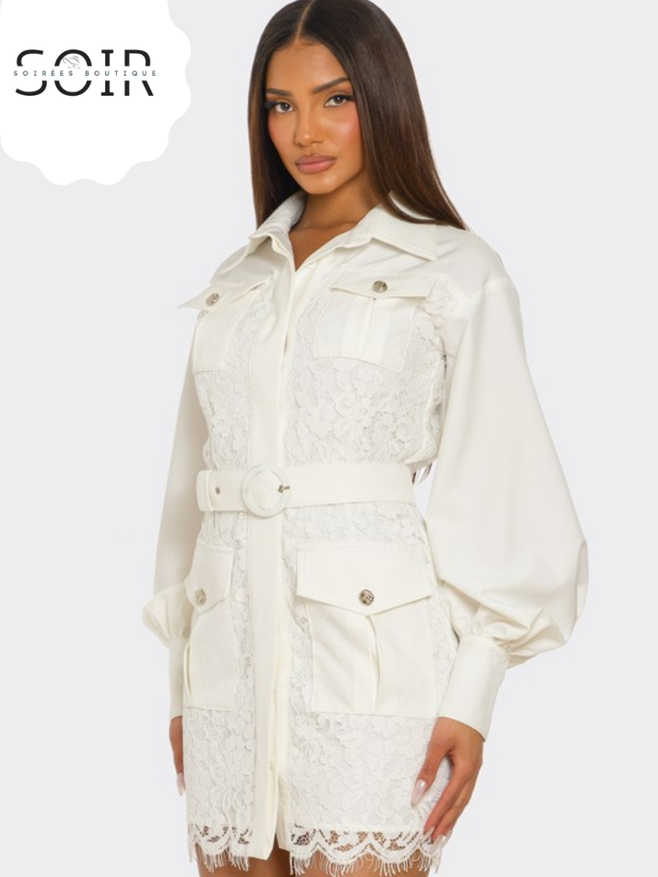 Ivory Arsenal PLUS SIZE White Lace-Detail Utility Mini Dress