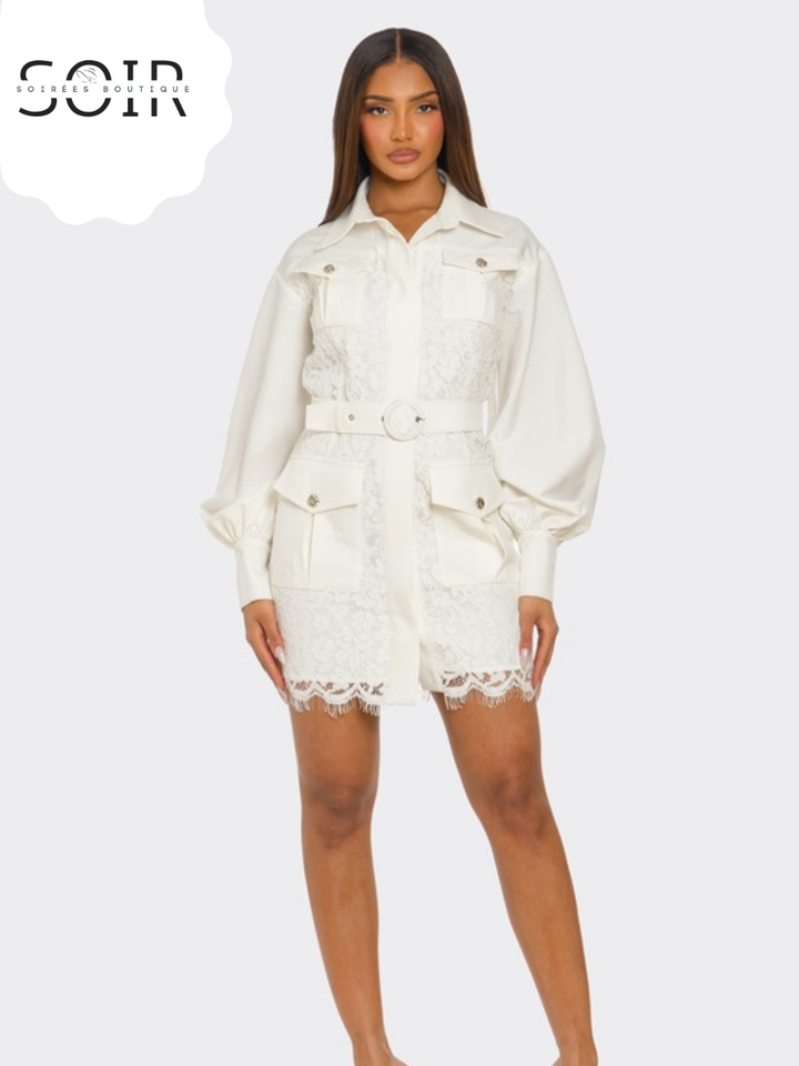 Ivory Arsenal PLUS SIZE White Lace-Detail Utility Mini Dress