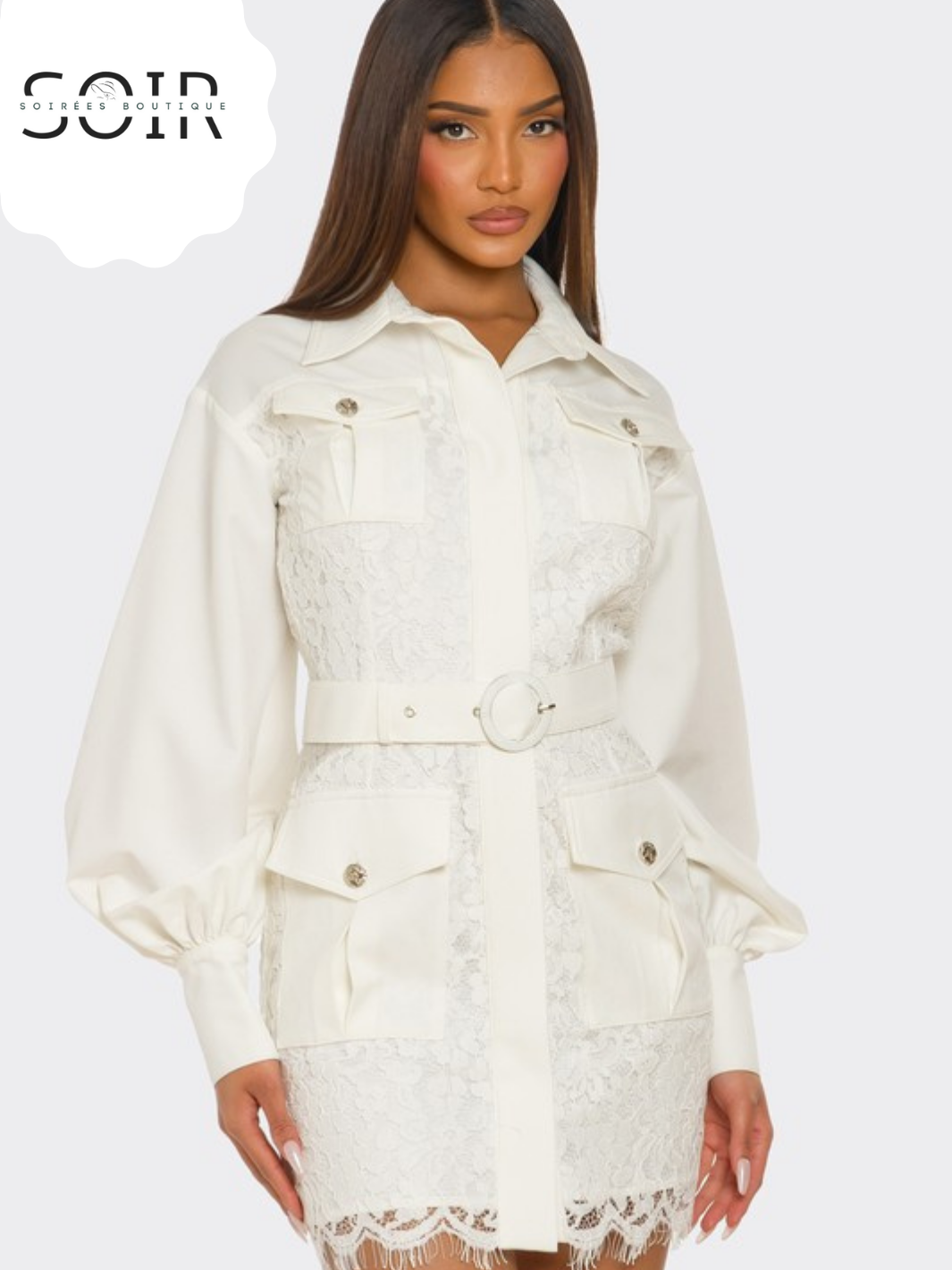 Ivory Arsenal PLUS SIZE White Lace-Detail Utility Mini Dress