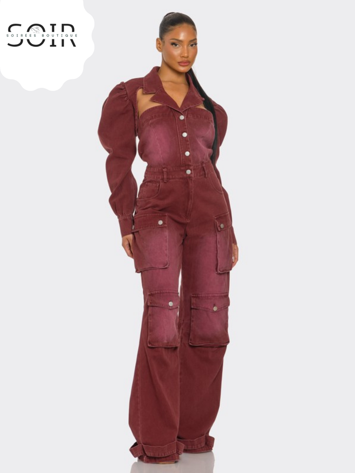 Crimson Mechaníque Vintage Inspired Utility Burgundy Jumpsuit