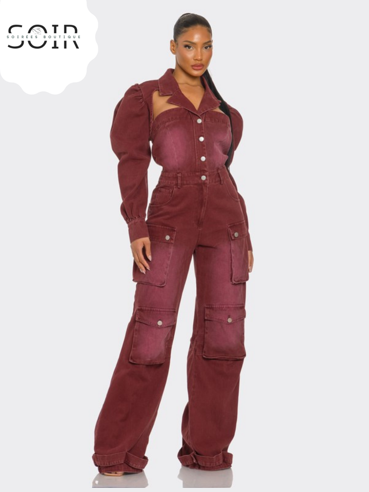 Crimson Mechaníque Vintage Inspired Utility Burgundy Jumpsuit