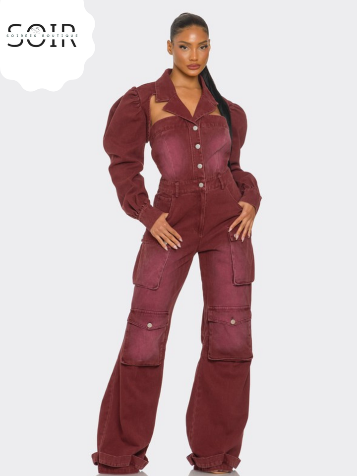 Crimson Mechaníque Vintage Inspired Utility Burgundy Jumpsuit