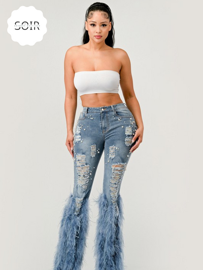 Feathered Pearl Distress Denim Jeans - Soirées Boutique