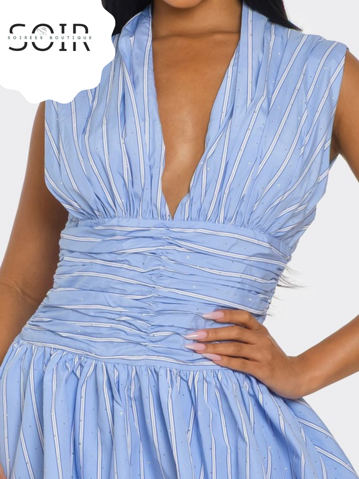 Blueberry Skies Periwinkle Denim Bubble Mini Dress with Subtle Stripe Detail