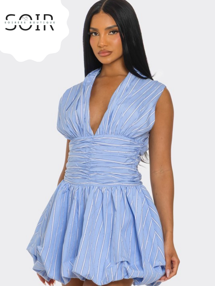 Blueberry Skies Periwinkle Denim Bubble Mini Dress with Subtle Stripe Detail