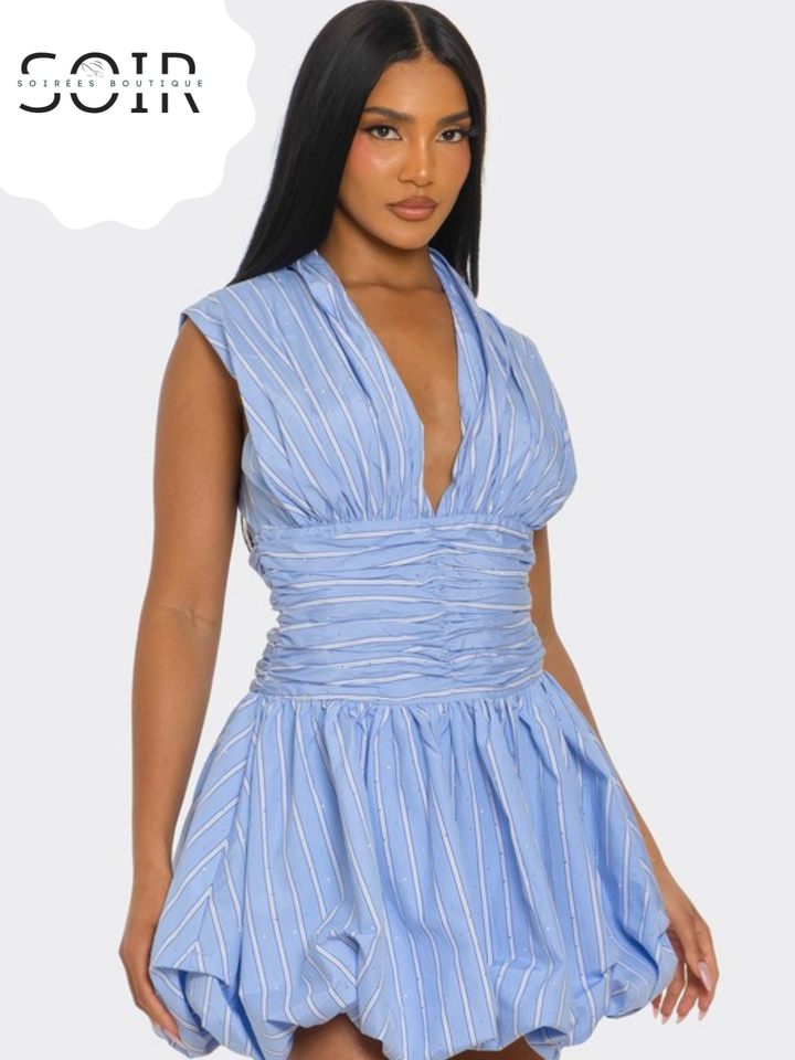 Blueberry Skies Periwinkle Denim Bubble Mini Dress with Subtle Stripe Detail