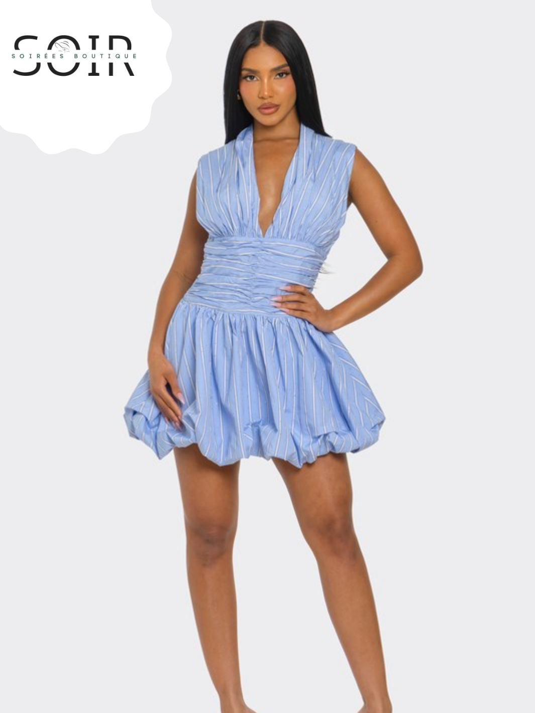 Blueberry Skies Periwinkle Denim Bubble Mini Dress with Subtle Stripe Detail