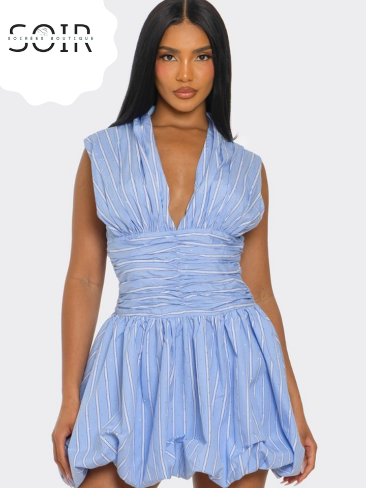 Blueberry Skies Periwinkle Denim Bubble Mini Dress with Subtle Stripe Detail