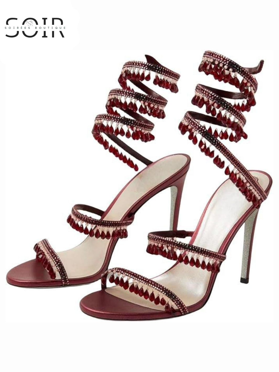 The Velvet Cascade | Women’s Wine Red Beaded Rhinestone Spiral-Strap Stiletto Sandals