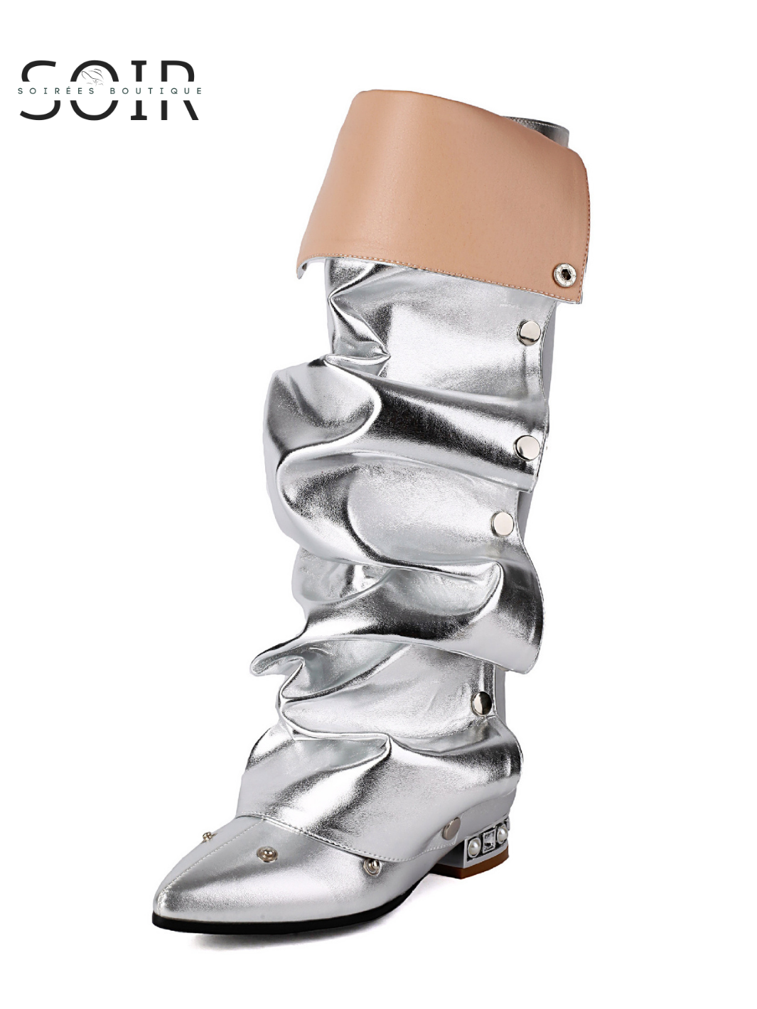 The Chrome Rebellion | Women’s Studded Metallic Pleated Knee-High Boots