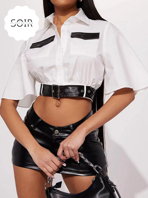 Punk Style Black and White Contrast Biker-Belted Design Cropped Button-Up Top