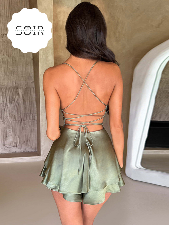 Satiny Serenade Laced Retreat Dress - Soirées Boutique