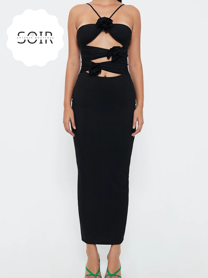 Noir Petal Panache Dress - Soirées Boutique