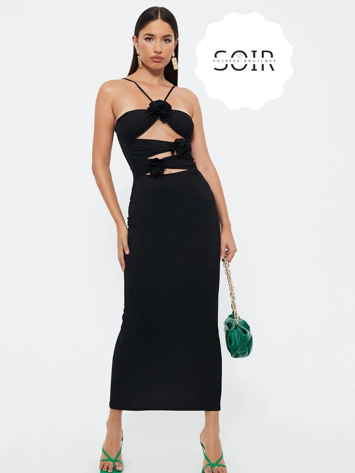 Noir Petal Panache Dress - Soirées Boutique