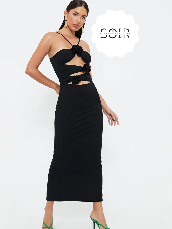 Noir Petal Panache Dress - Soirées Boutique