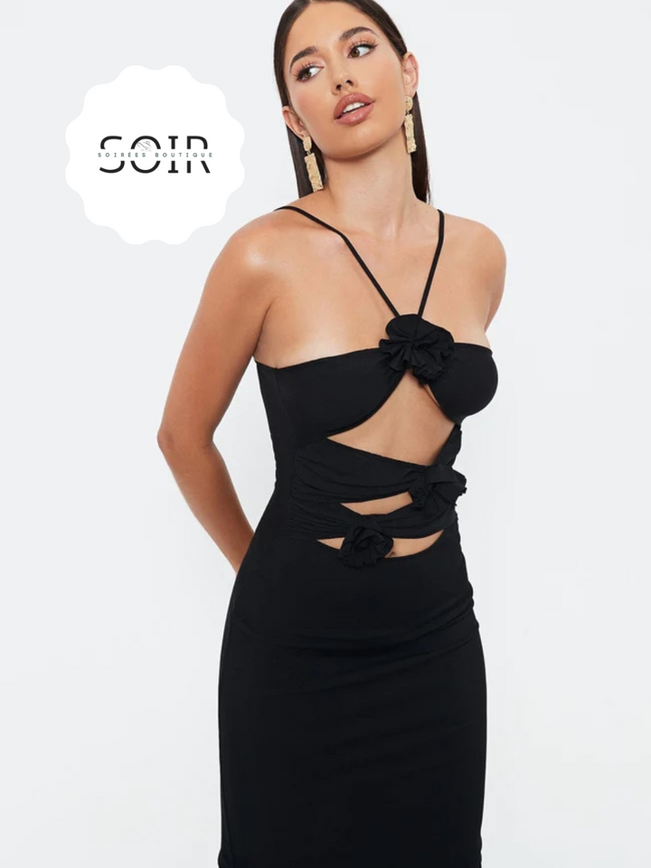 Noir Petal Panache Dress - Soirées Boutique