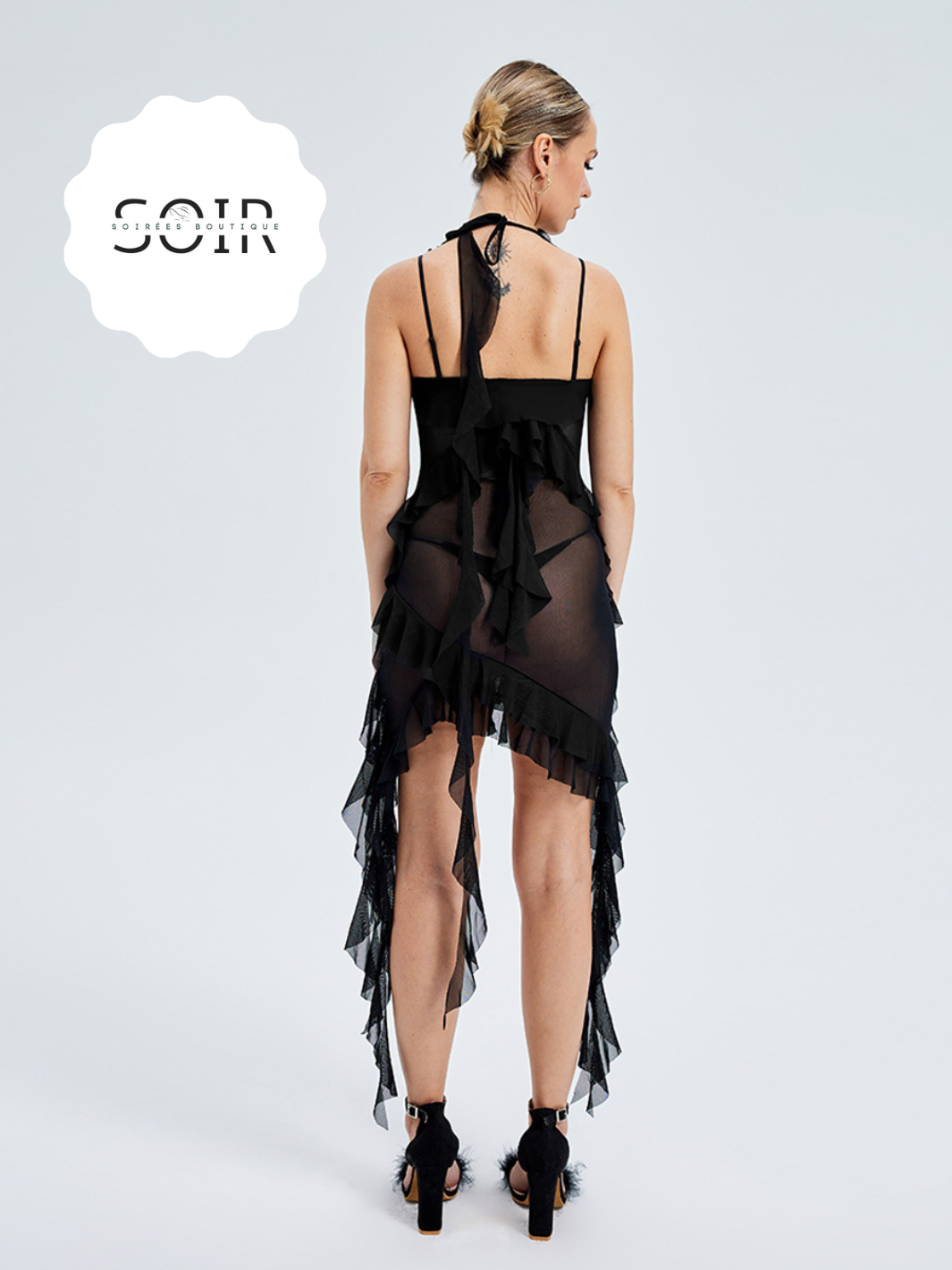 Noir Blooming Cascade Ruffle Dress - Soirées Boutique
