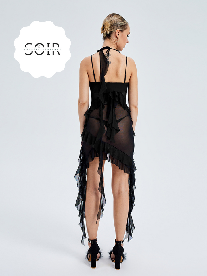 Noir Blooming Cascade Ruffle Dress - Soirées Boutique