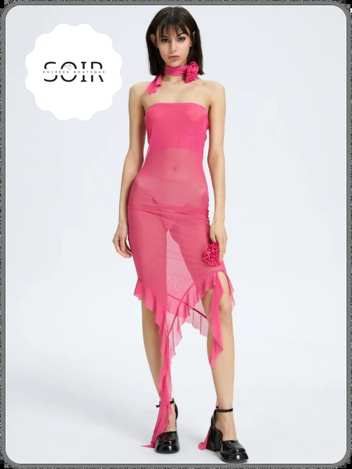 Blush Ruffle Radiance Ensemble Mesh Dress - Soirées Boutique