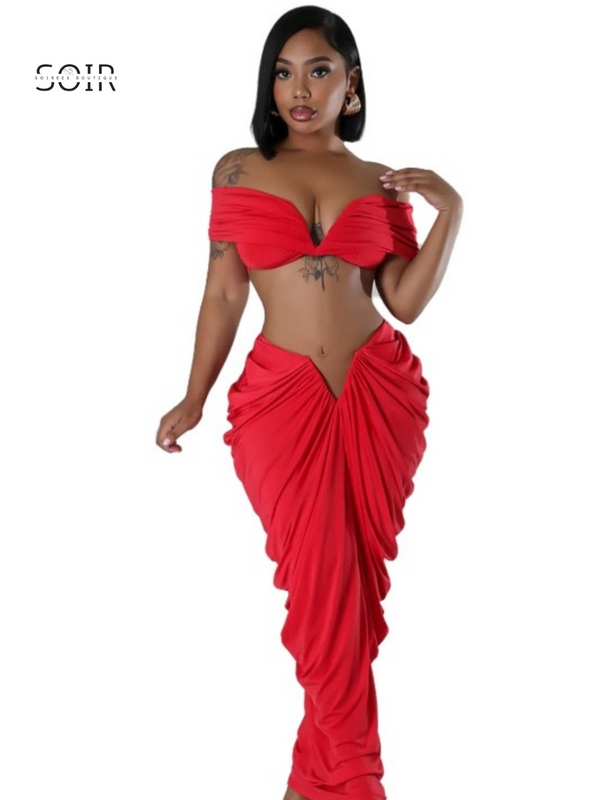Scarlet Elegance Two-Piece Pleated Skirt Set
