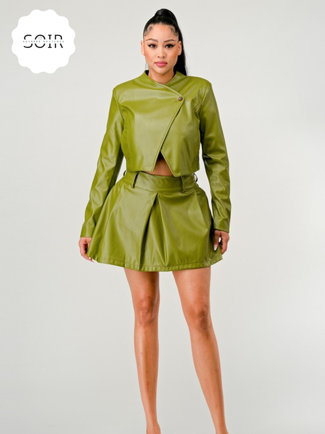 Emerald Edge PU Leather Mini Skirt Set - Soirées Boutique