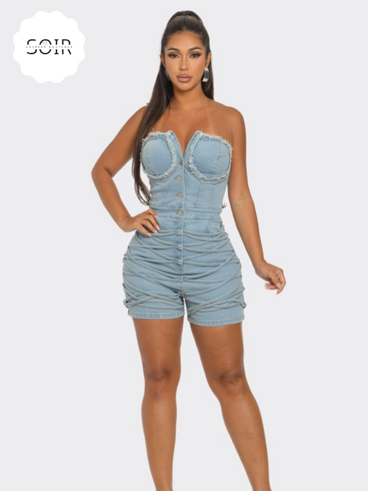 Edgy Elegance Frayed Denim Romper - Soirées Boutique