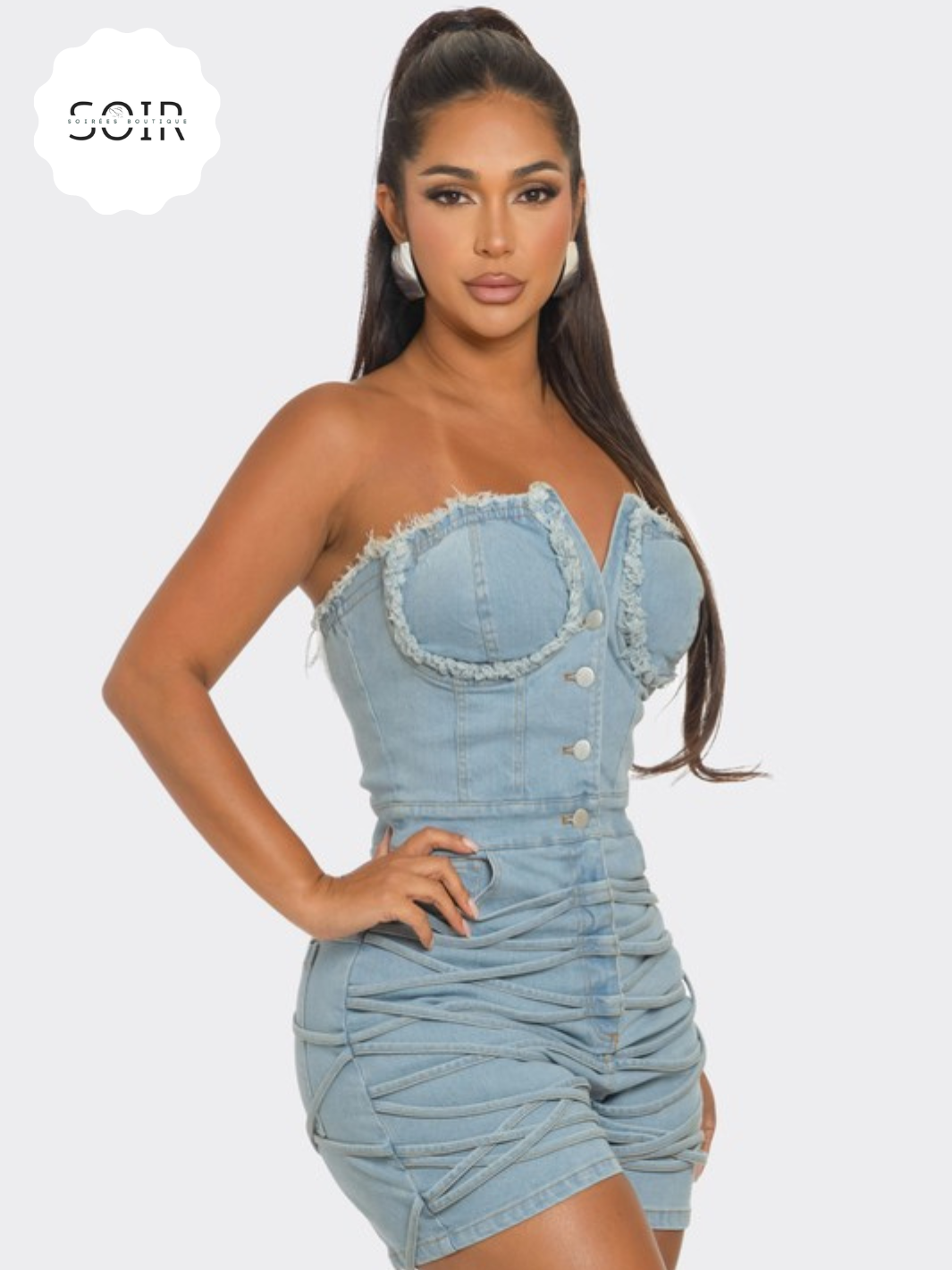 Edgy Elegance Frayed Denim Romper - Soirées Boutique
