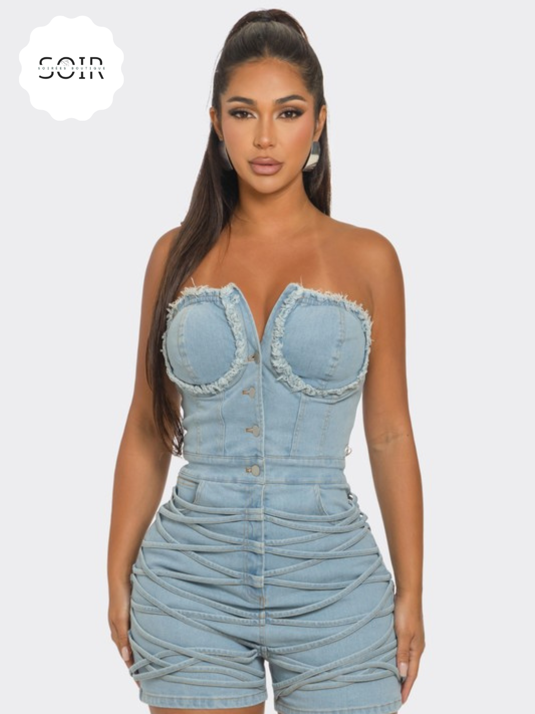 Edgy Elegance Frayed Denim Romper - Soirées Boutique