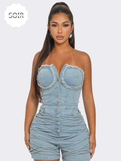 Edgy Elegance Frayed Denim Romper - Soirées Boutique