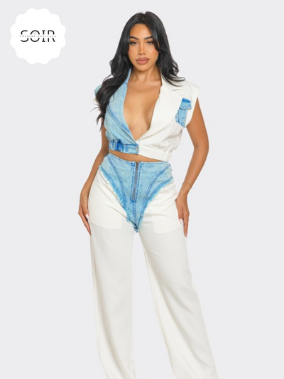 Creamy Urban Denim Flow Pants Set - Soirées Boutique