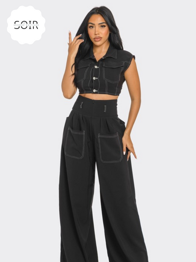 Eleganza Noir Wide Leg Pants - Soirées Boutique