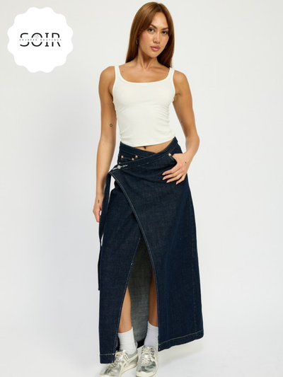 Urban Drape Luxe Denim Skirt - Soirées Boutique