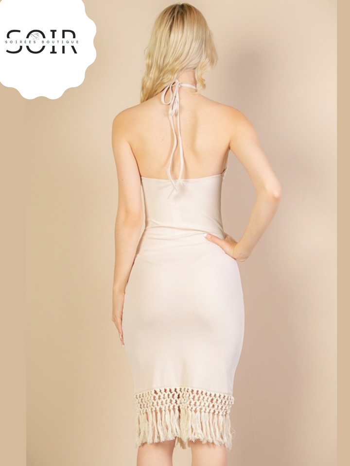 Palmwine Whispers Ribbed Halter Neck Fringe Midi Dress