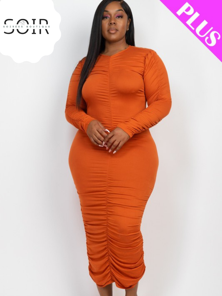 Contour Noir Plus Ruched Long Sleeve Midi Dress