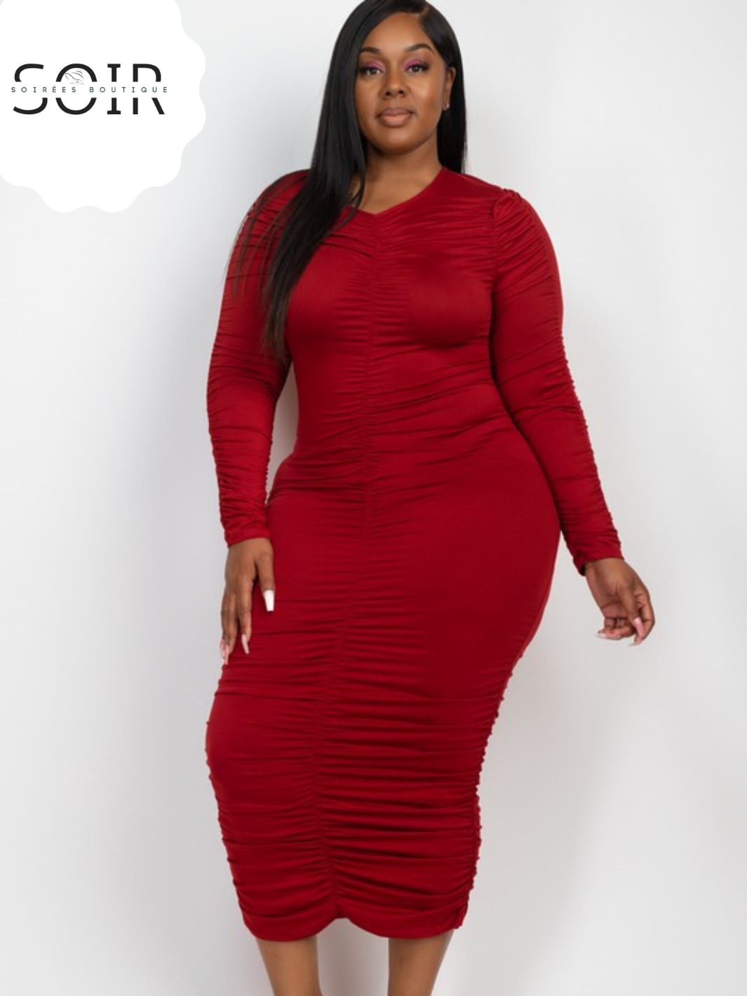 Contour Noir Plus Ruched Long Sleeve Midi Dress