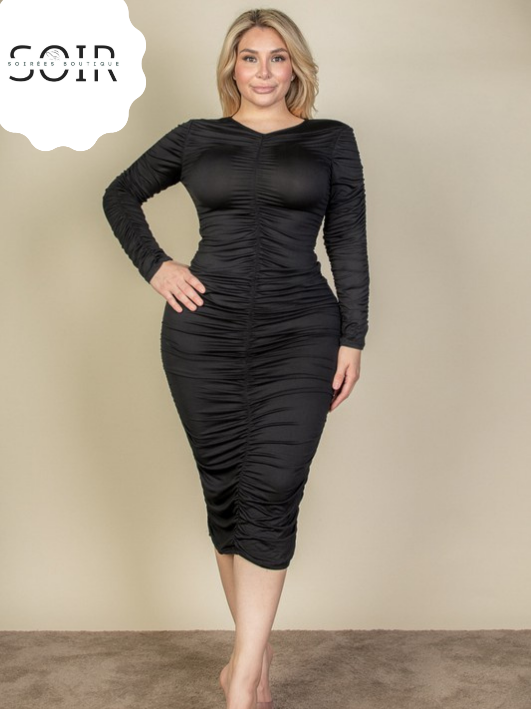 Contour Noir Plus Ruched Long Sleeve Midi Dress  Soires Boutique