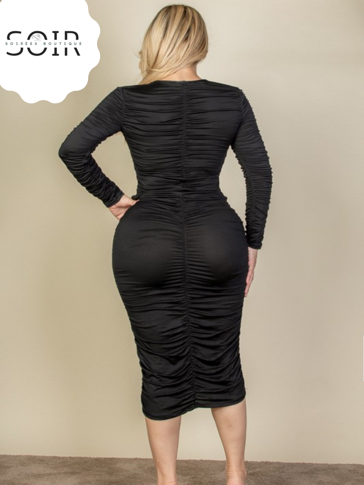 Contour Noir Plus Ruched Long Sleeve Midi Dress