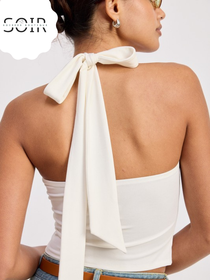 Mango Mirage Halter Tie Back Knit Top