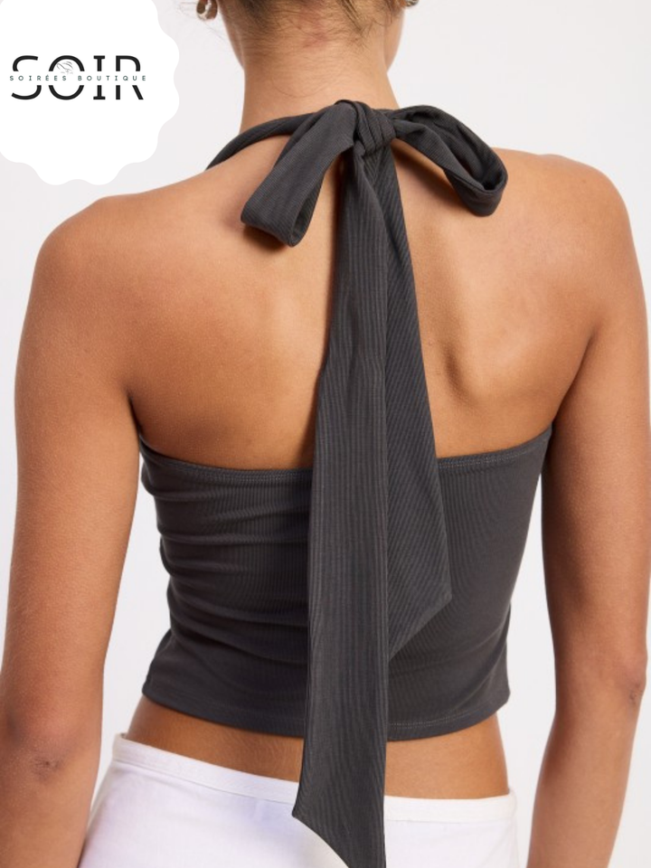 Mango Mirage Halter Tie Back Knit Top