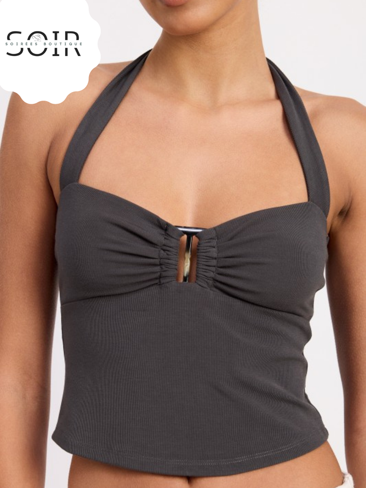 Mango Mirage Halter Tie Back Knit Top