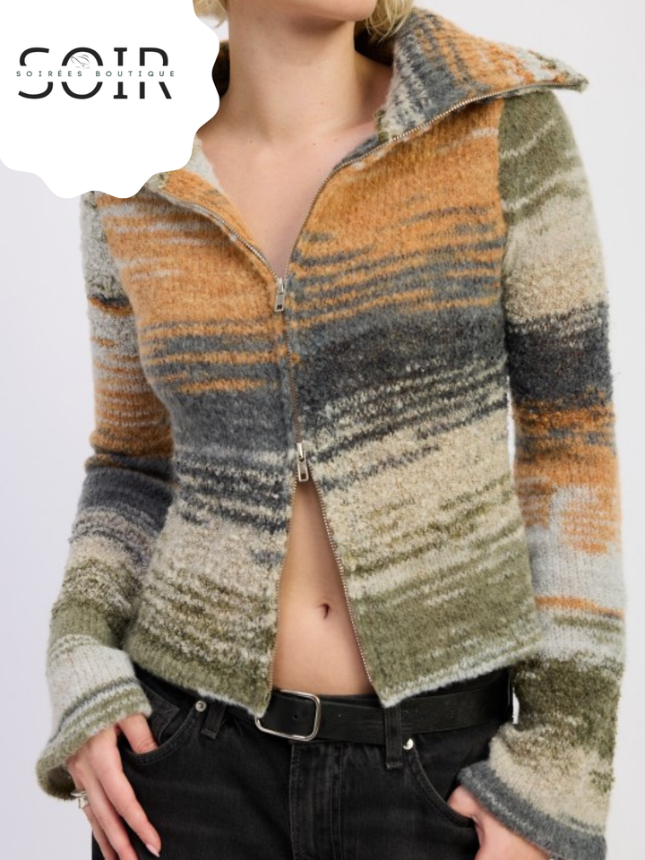Smoke Vein Turtleneck Zip-Up Fall Top