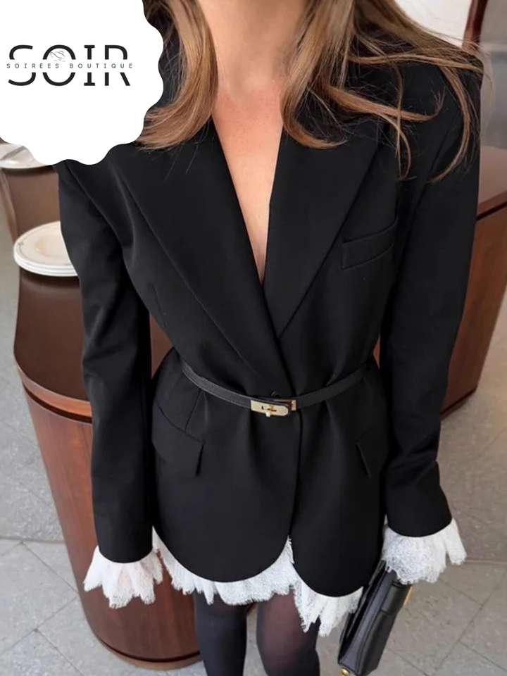 Noir Chantilly Lace Trim Blazer Dress
