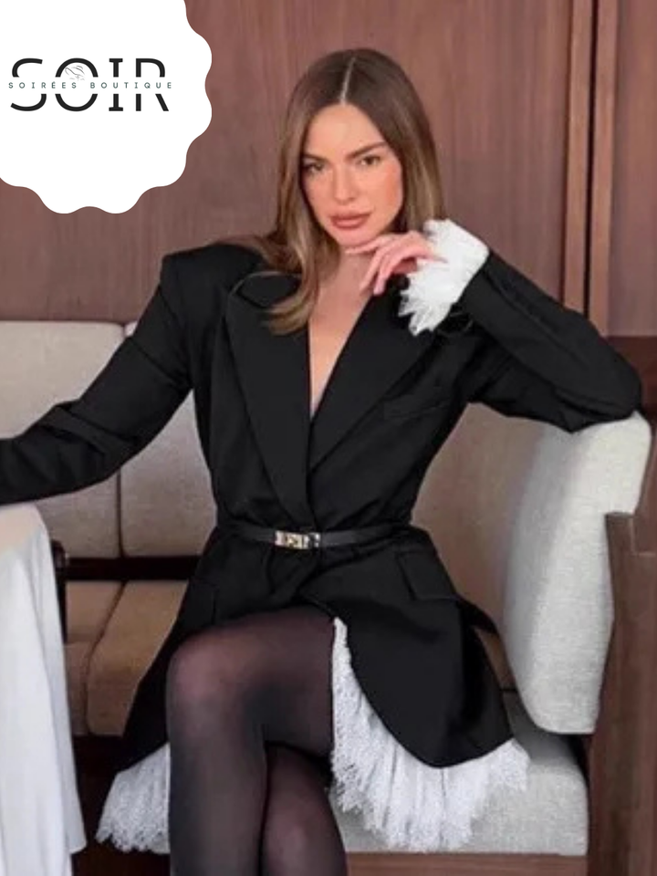 Noir Chantilly Lace Trim Blazer Dress